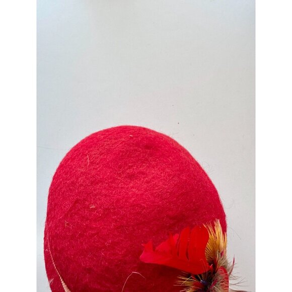 Vintage Red Wool Felt Pink Grosgrain Ribbon Feather Capulet Hat - Picture 6 of 16